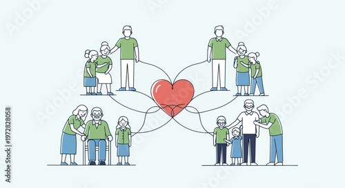 Illustration of happy family members connected to a central heart symbol