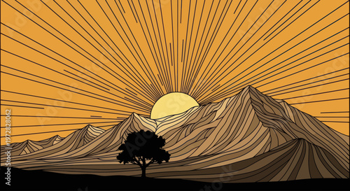 Stylized mountain landscape illustration with setting sun and a lone tree silhouette