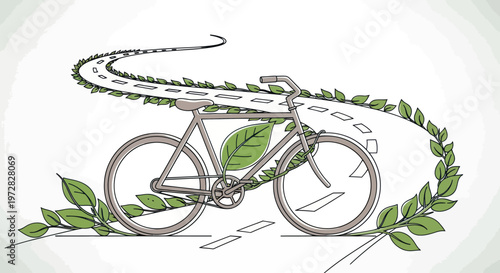 Eco friendly transport concept with a green energy bicycle on a leafy road illustration.