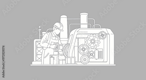 Industrial factory worker operating a mechanical gear system in line art style