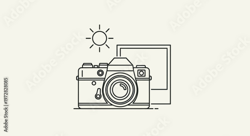 Minimalist line art illustration of a vintage film camera with a sun and photo frame