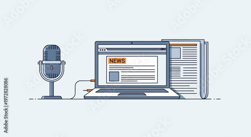 Digital journalism and news concept with laptop, microphone and newspapers