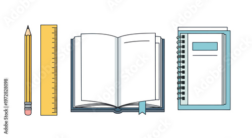 Flat vector illustration of school supplies including a pencil ruler open book and notebook
