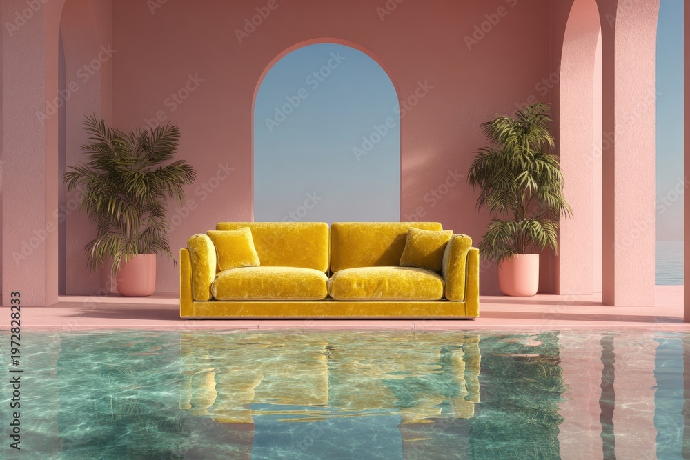 Fototapeta premium Luxurious Yellow Sofa by a Refreshing Swimming Pool in a Pink Architectural Setting.