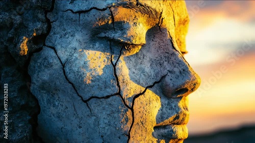 Weathered head emerging from crumbled rock, silhouetted against twilight sky