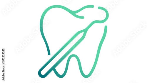 Minimalist teal gradient vector icon illustration of a human tooth with a dental probe tool, representing professional dentistry, oral healthcare, dental hygiene, and medical clinic services.