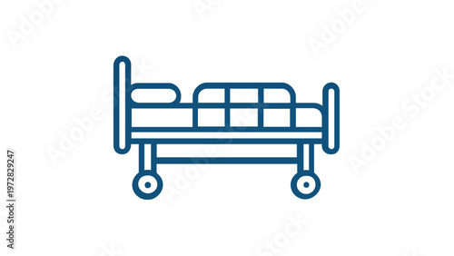 Hospital Bed Vector Icon Illustration: A Minimalist Blue Line Art Graphic Representing Medical Care, Patient Recovery, Healthcare Facilities, and Clinic Equipment for Professional Design Projects.