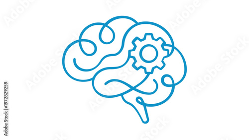 Blue line art vector illustration of a human brain with an integrated gear, symbolizing artificial intelligence, cognitive processing, mental health, neurology, and smart technology solutions.