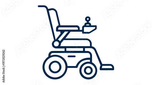 Electric Wheelchair Vector Icon Illustration. Minimalist line art of a motorized mobility chair with joystick for disabled people. Healthcare, accessibility, and medical equipment symbol.