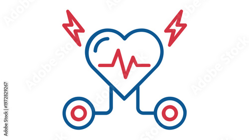 Defibrillator medical line icon vector illustration featuring a heart with heartbeat pulse and electrical shock symbols for emergency cardiac care, healthcare, and cardiology design concepts.