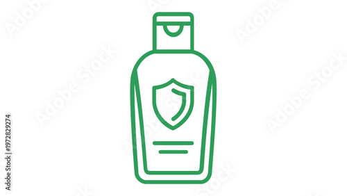 Green Line Icon Vector Illustration of a Protective Lotion Bottle with Shield Symbol, Representing Hand Sanitizer, Sunscreen, or Antiseptic Skin Care Product for Health, Hygiene, and Safety.