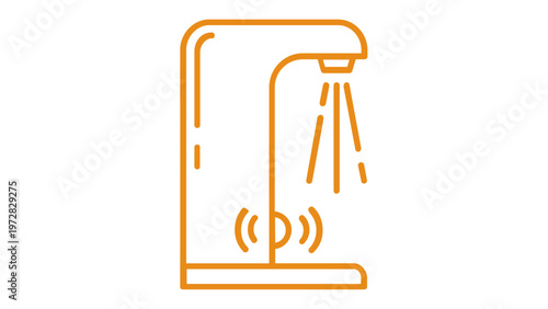 Orange line vector icon of an automatic sensor faucet or touchless soap dispenser spraying liquid, minimalist flat illustration for hygiene, hand washing, and modern bathroom technology concepts.