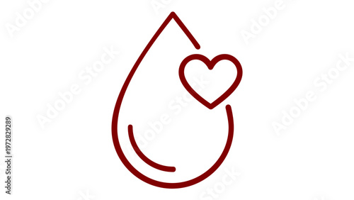 Blood donation vector icon illustration featuring a red drop with a heart symbol, representing healthcare, life-saving charity, medical care, and cardiovascular health in a minimalist line art style.