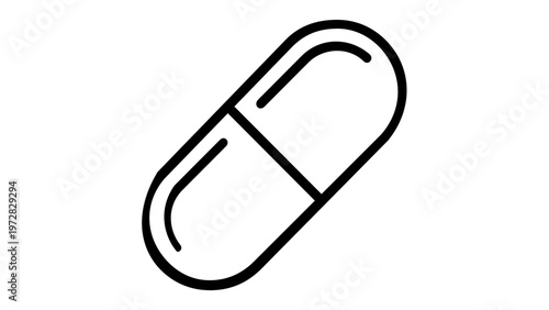 Minimalist black and white vector icon illustration of a medical pill capsule, perfect for healthcare, pharmacy, and medicine design projects, scalable flat line art graphic on white background.