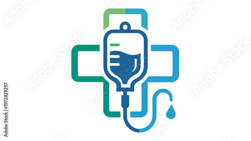 Medical IV drip bag and cross vector illustration icon. Minimalist flat line art design for healthcare, hospital infusion therapy, blood donation, and clinical treatment services.