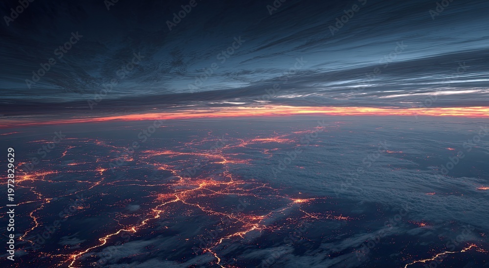 Fototapeta premium Aerial View of City Lights at Dusk with Dramatic Sky.