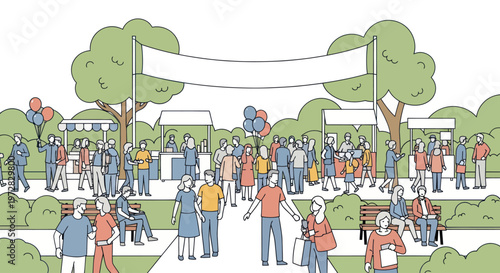 Crowd at an outdoor fair with market stalls and trees.