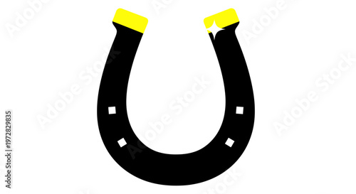 Black horseshoe with golden tips and sparkle, good luck symbol, isolated on white