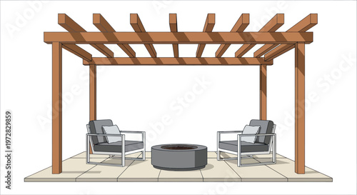 Modern Outdoor Patio with Pergola and Fire Pit Design Illustration