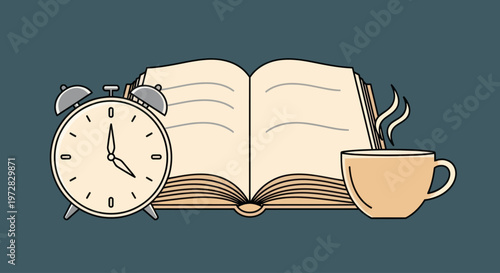Morning routine with an alarm clock, open book, and hot coffee illustration.