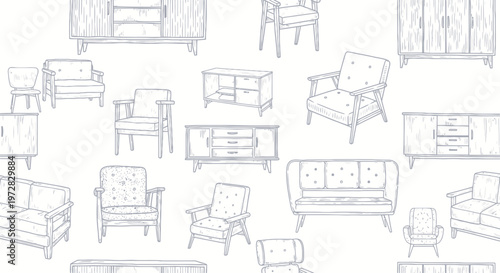 Seamless pattern of retro mid-century modern furniture line art on white background.