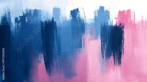 Abstract background features bold vertical brush strokes in shades of navy blue and soft pink.