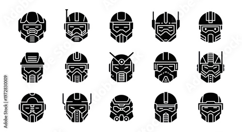Set of 15 futuristic robot helmet and cybernetic head mask icons