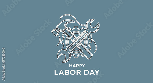 Happy Labor Day banner with industrial tools icons on blue background
