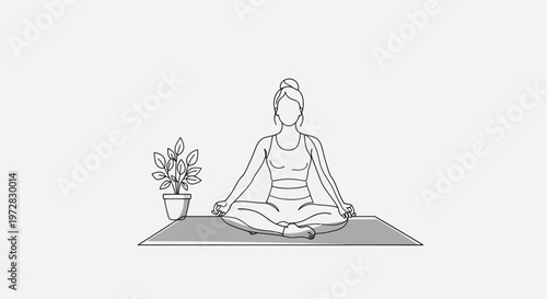 Minimalist line art of a woman practicing mindful meditation in a yoga lotus pose