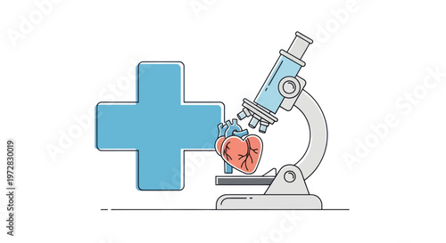 Medical heart research with laboratory microscope and healthcare symbol