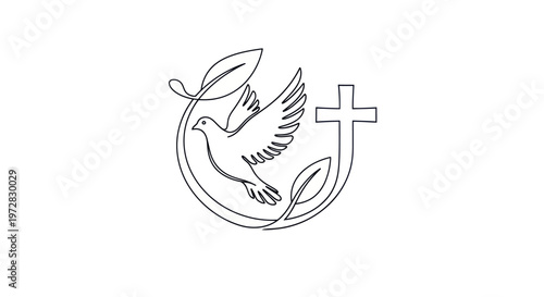 Minimalist line art of a Christian peace dove with a cross and olive branch