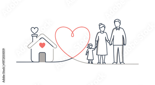 Minimalist line art illustration of a happy family standing by their home with a heart symbol