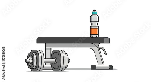 Gym equipment with water bottle illustration for fitness and healthy lifestyle.