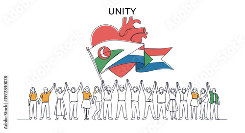 Diverse people holding hands under flags and a heart, symbolizing global unity.