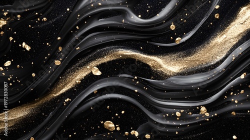 Elegant black waves blend seamlessly with shimmering gold particles and liquid textures.