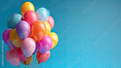 Vibrant Bunch of Colorful Balloons Floating Against a Bright Blue Background.