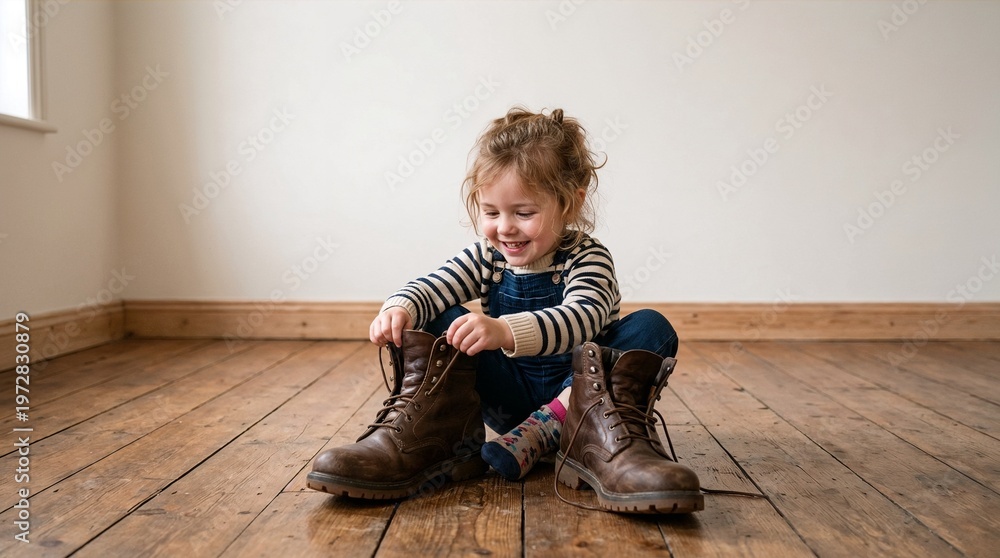 Naklejka premium A little girl is sitting on a wooden floor and putting on huge boots. 