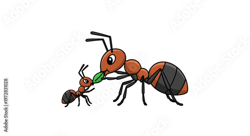 Cartoon Ant Feeding Small Ant Leaf Insect Nature Wildlife Illustration