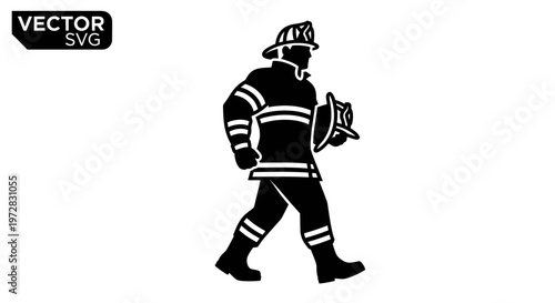 Firefighter Silhouette Walking with Helmet, Vector Illustration