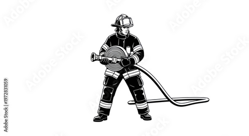 Firefighter holding hose ready to spray water, professional rescuer illustration