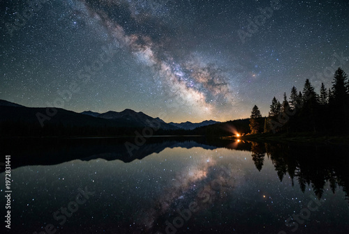 Milky Way galaxy over a calm lake at night
