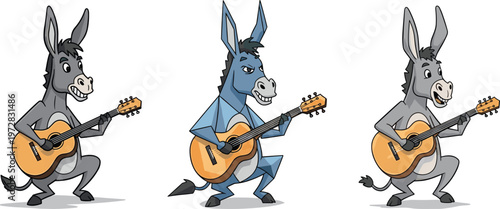 Cute cartoon donkey playing guitar, funny animal musician, musical donkey character, vector illustration, playful animal art, music concept