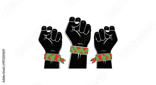 Three raised fists with red and green bands.