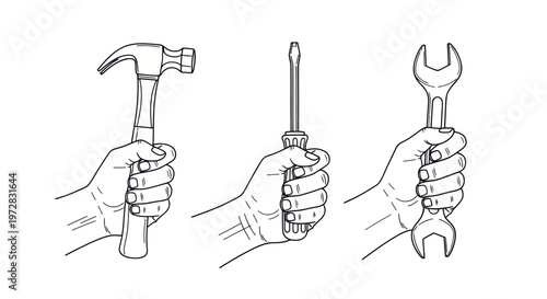 Hands holding tools: hammer, screwdriver, wrench