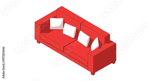 Modern red sofa with white cushions, isometric view.