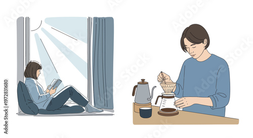 Person enjoying a cozy morning with coffee and reading.