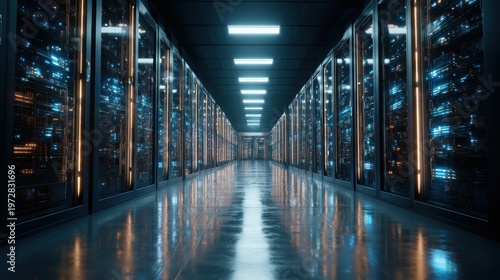 Shot of Corridor in Working Data Center Full of Rack Servers and Supercomputers with Internet connection Visualization Projection, technology, digital, futuristic, future,