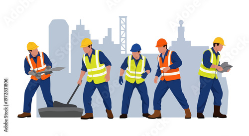 Construction workers in high visibility vests building a city.