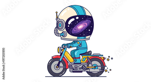 Astronaut riding a retro moped with a galaxy helmet