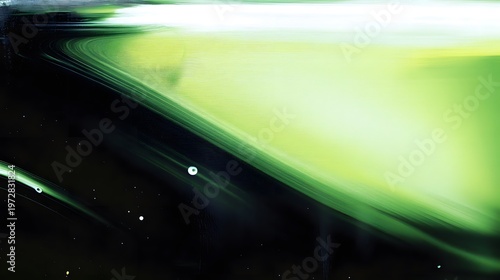 Abstract composition features flowing streaks of bright green light against a dark background.